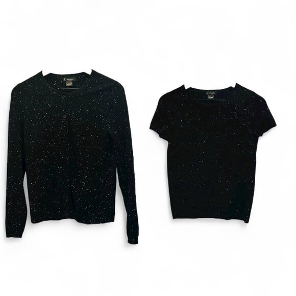 C by Bloomingdale's 100% Cashmere Sweater Set Black White Fleck Twin Set Small - Picture 1 of 14